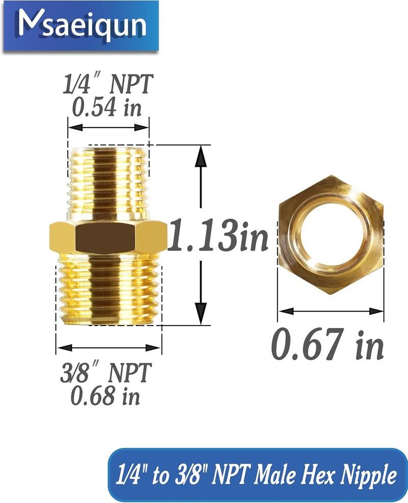 MSAEIQUN 10PCS 3/8 Inch Male Pipe x 1/4 Inch Male Pipe Solid Brass Threaded Straight Pipe Reducing Hex Nipple Fittings Extension Connector Adapter Coupling for Pipe Line/Oil/Gas - Image 2